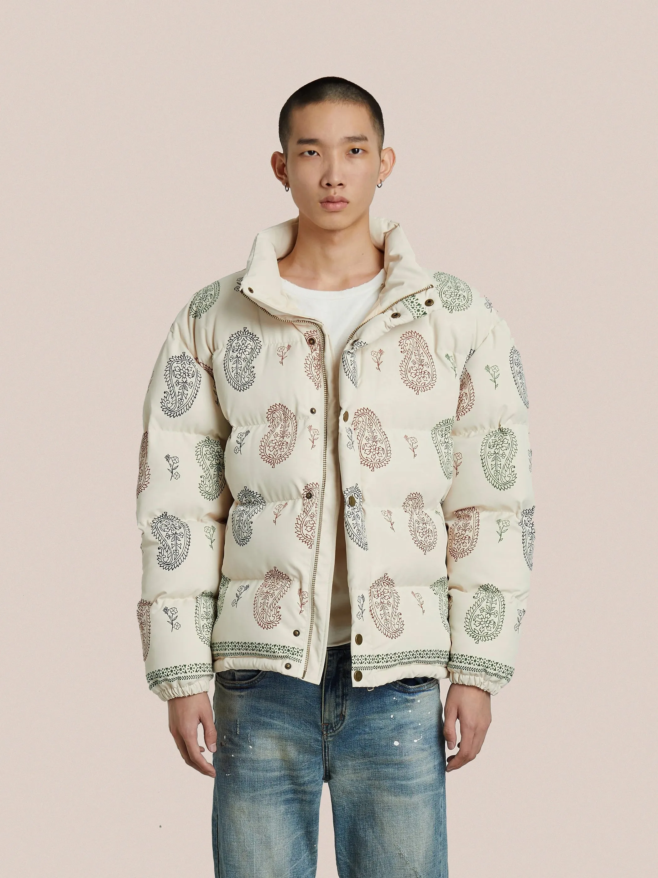 Paisley Puffer Jacket in Cream