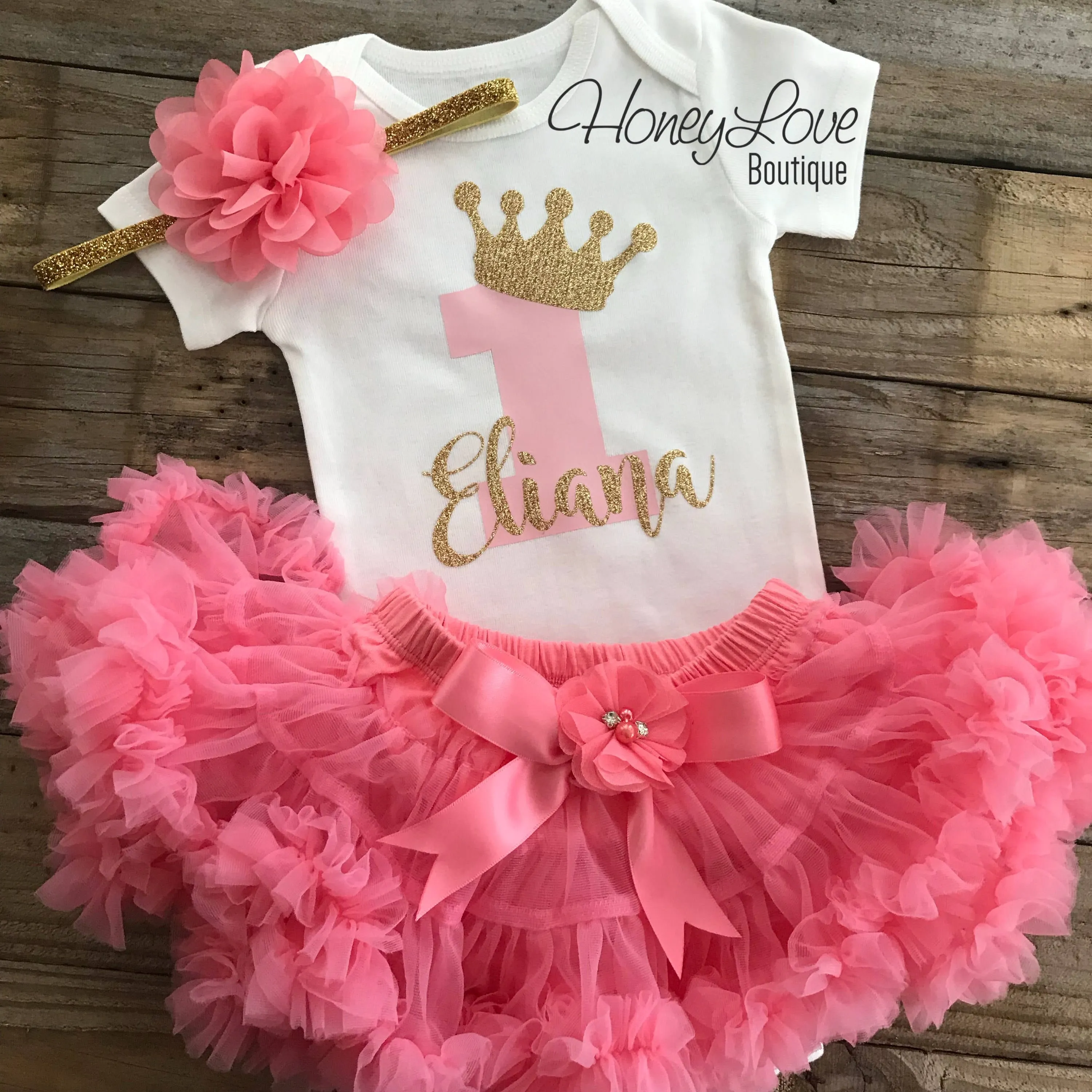 Personalized 1st Birthday Princess outfit - Gold Glitter and Coral Pink - embellished pettiskirt