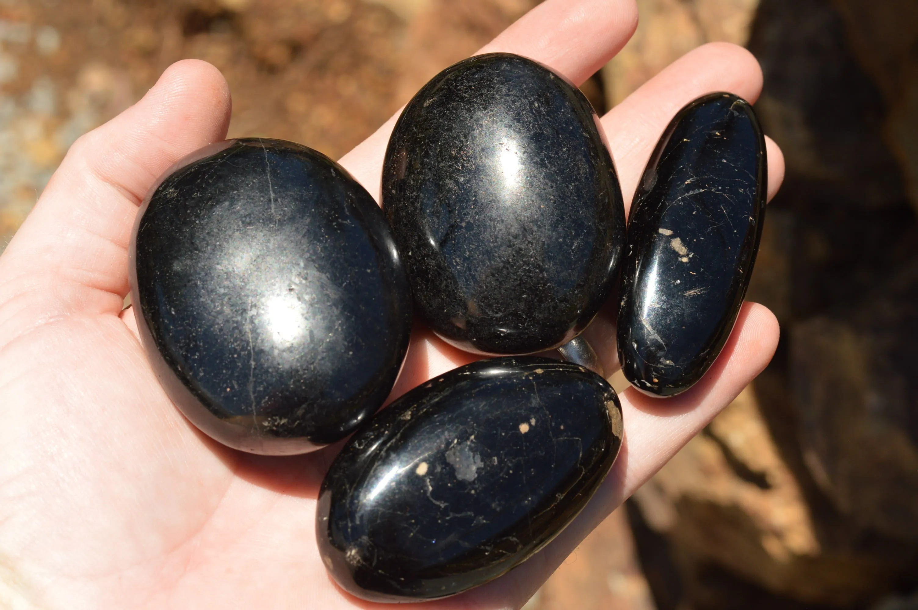 Polished Schorl Black Tourmaline Galet / Palm Stones x 12 From Madagascar