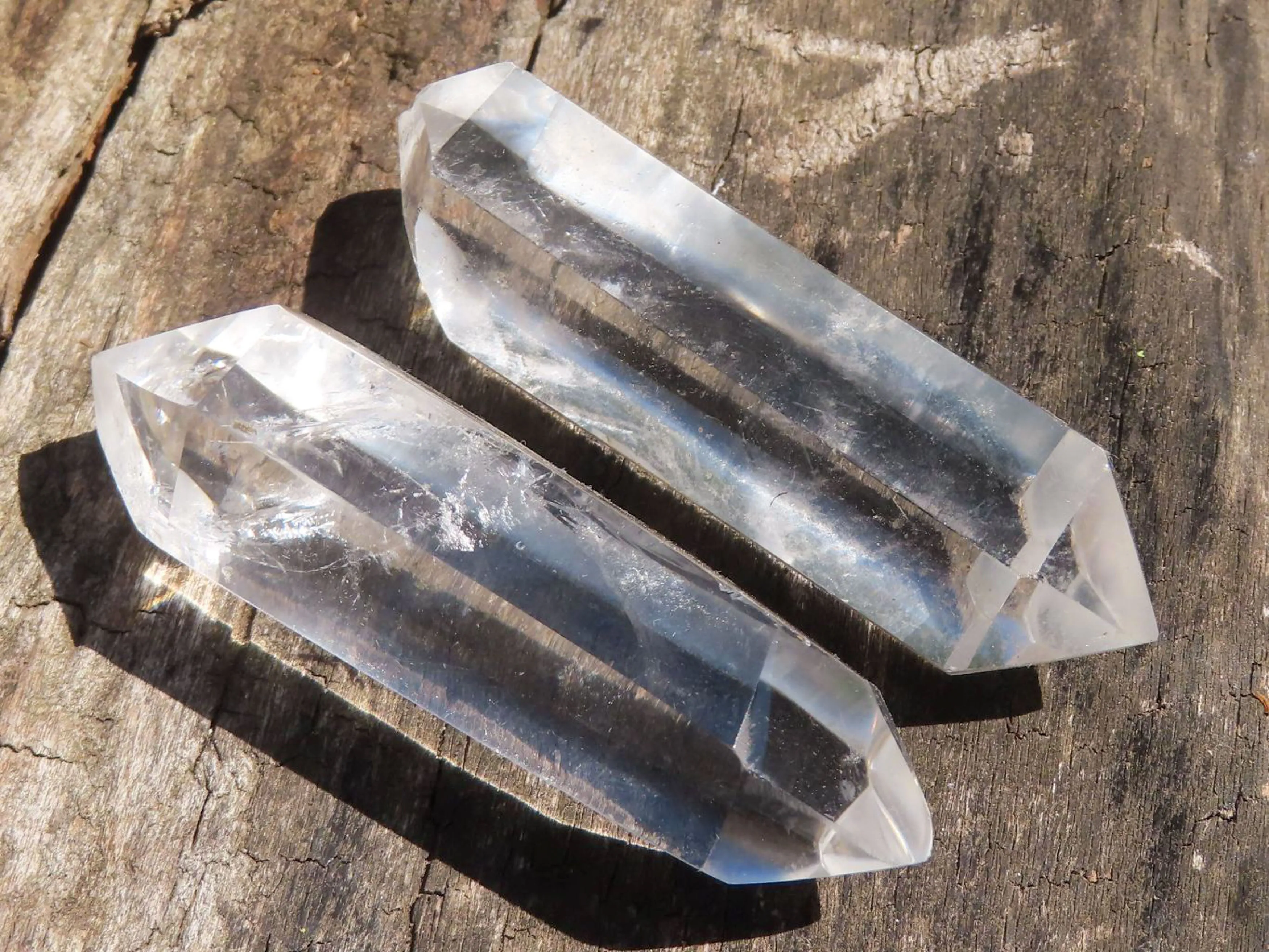 Polished Small Double Terminated Clear & Rainbow Veil Quartz Crystals x 24 From Madagascar