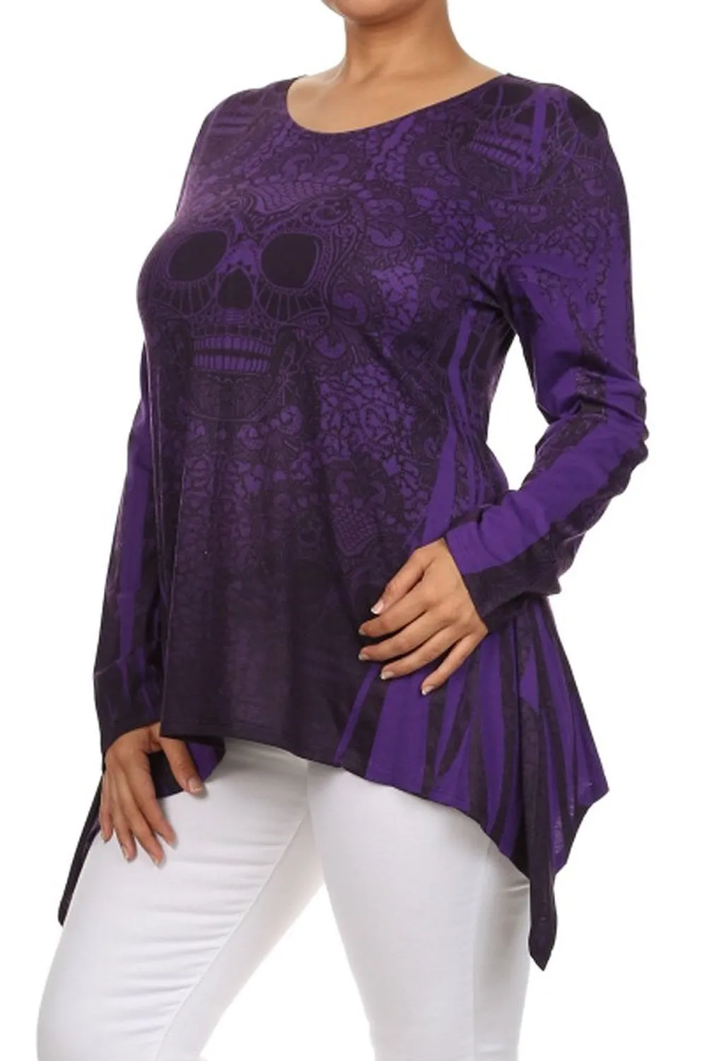 Purple Sugar Skull Lace Design Long Sleeve Asymmetric Plus Size Top U.S.A.