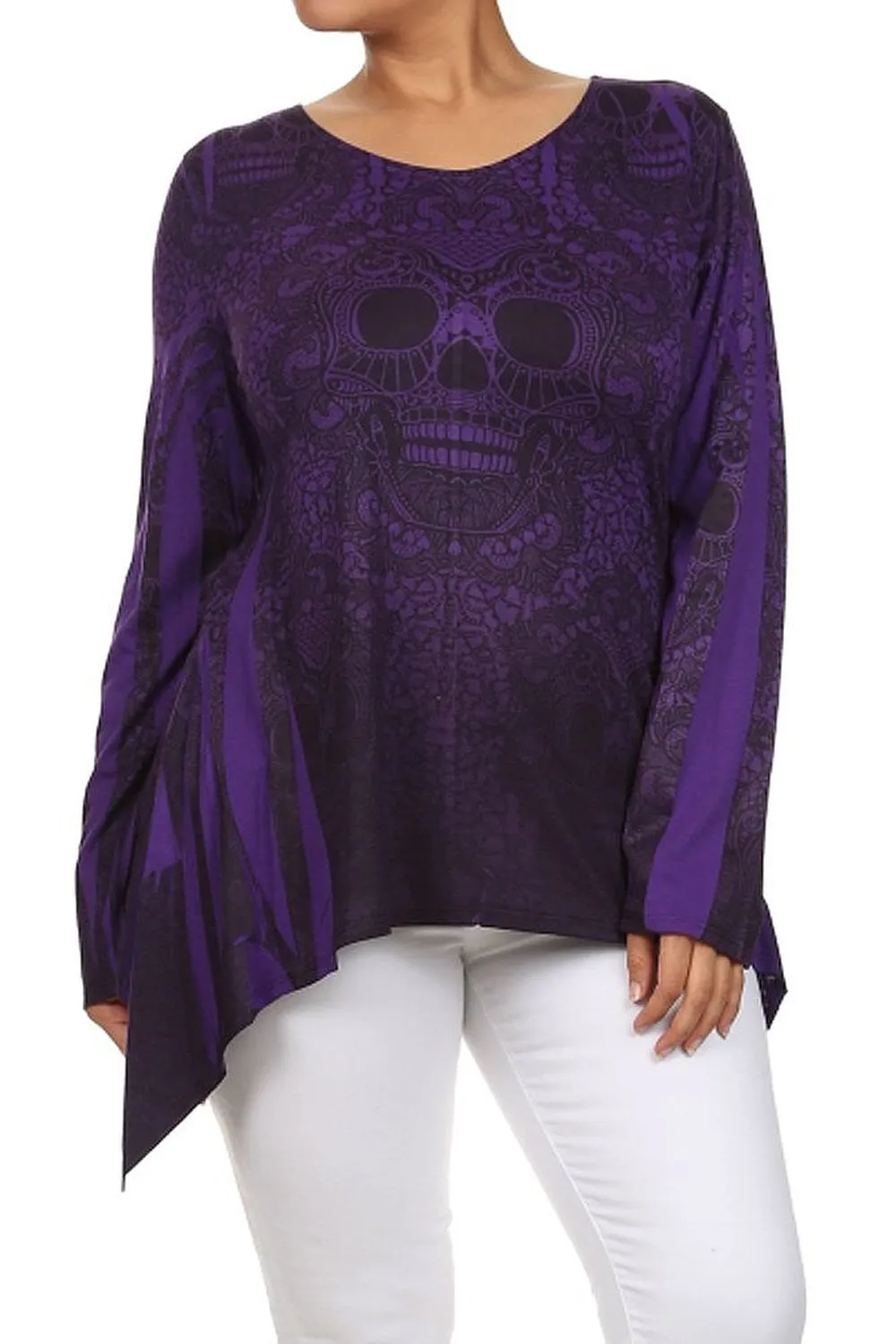 Purple Sugar Skull Lace Design Long Sleeve Asymmetric Plus Size Top U.S.A.