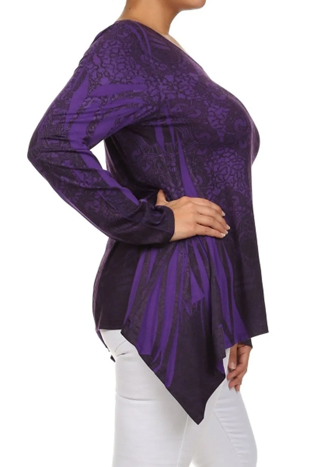 Purple Sugar Skull Lace Design Long Sleeve Asymmetric Plus Size Top U.S.A.