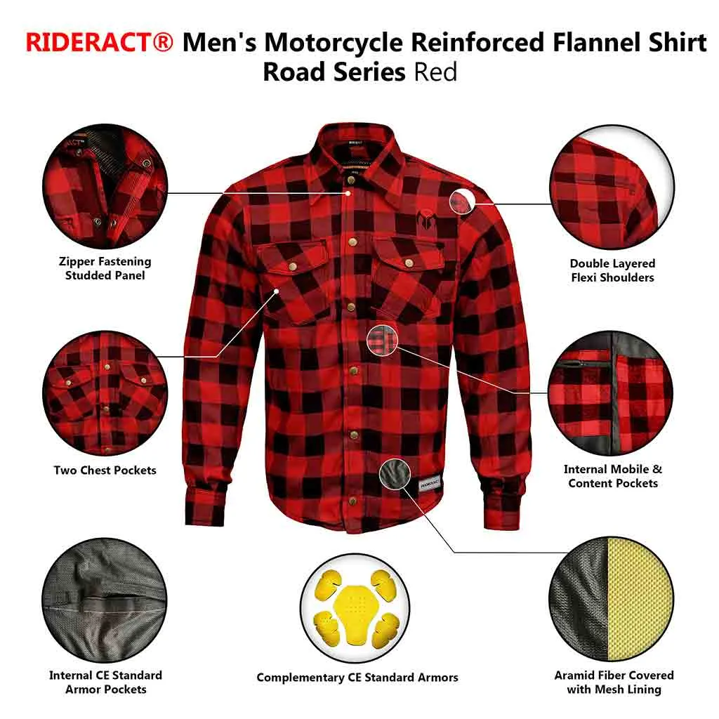 RIDERACT® Men's Motorcycle Riding Reinforced Flannel Shirt Road Series Red