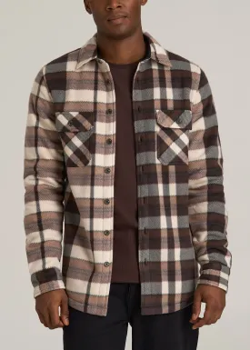 Sherpa-Lined Fleece Overshirt for Tall Men in Beige Tartan