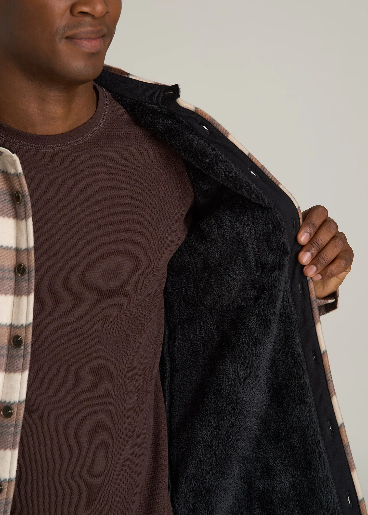 Sherpa-Lined Fleece Overshirt for Tall Men in Beige Tartan