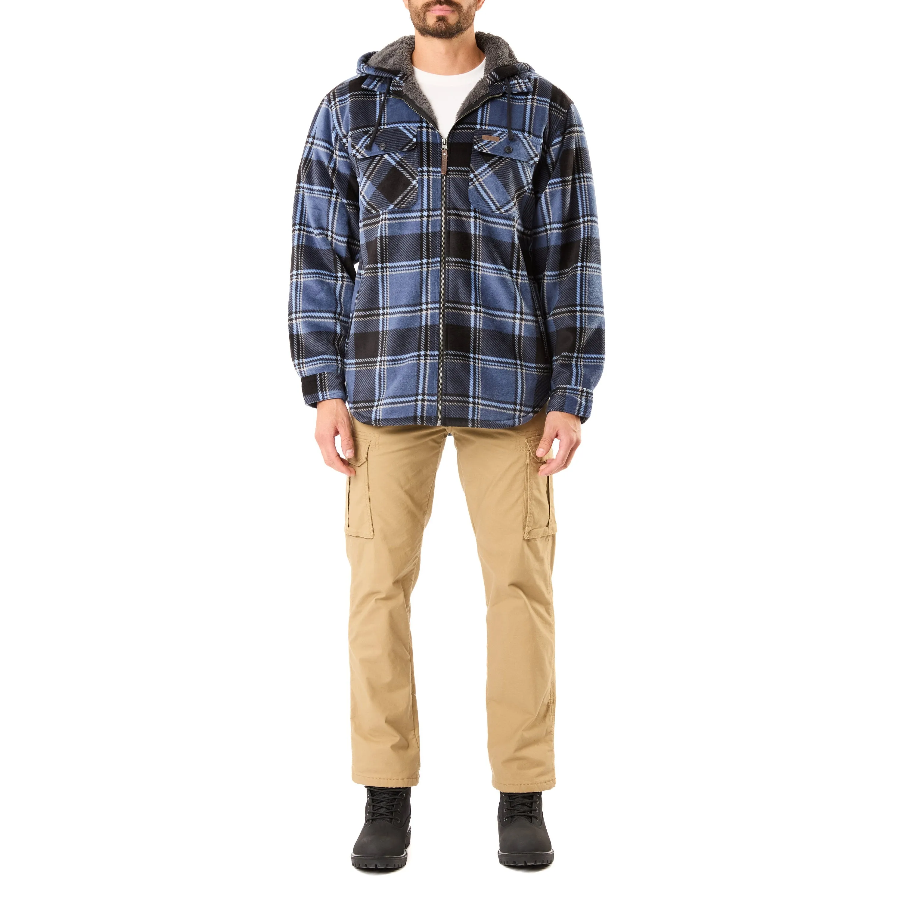 SHERPA-LINED ZIP-FRONT HOODED MICROFLEECE SHIRT-JACKET