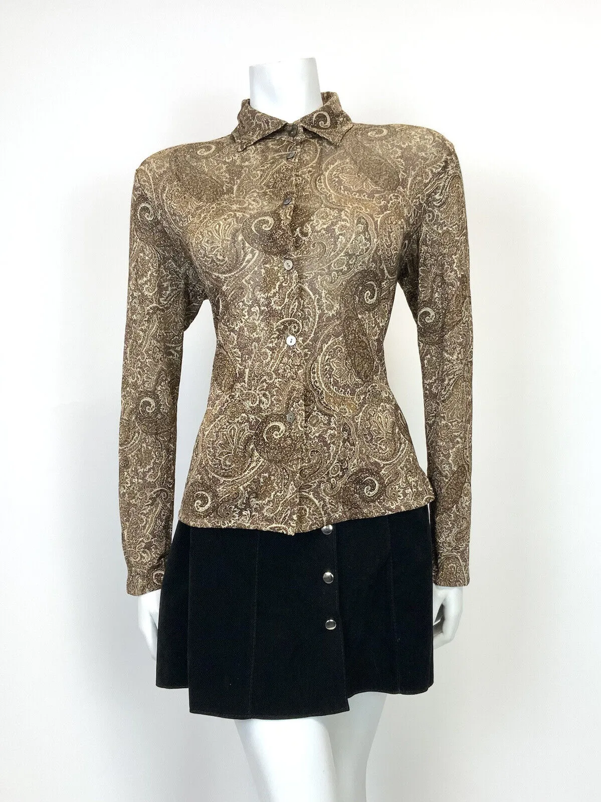 VTG 60s 70s BROWN CREAM GOLD LUREX PSYCHEDELIC FLORAL PAISLEY SHIRT BLOUSE 14 16