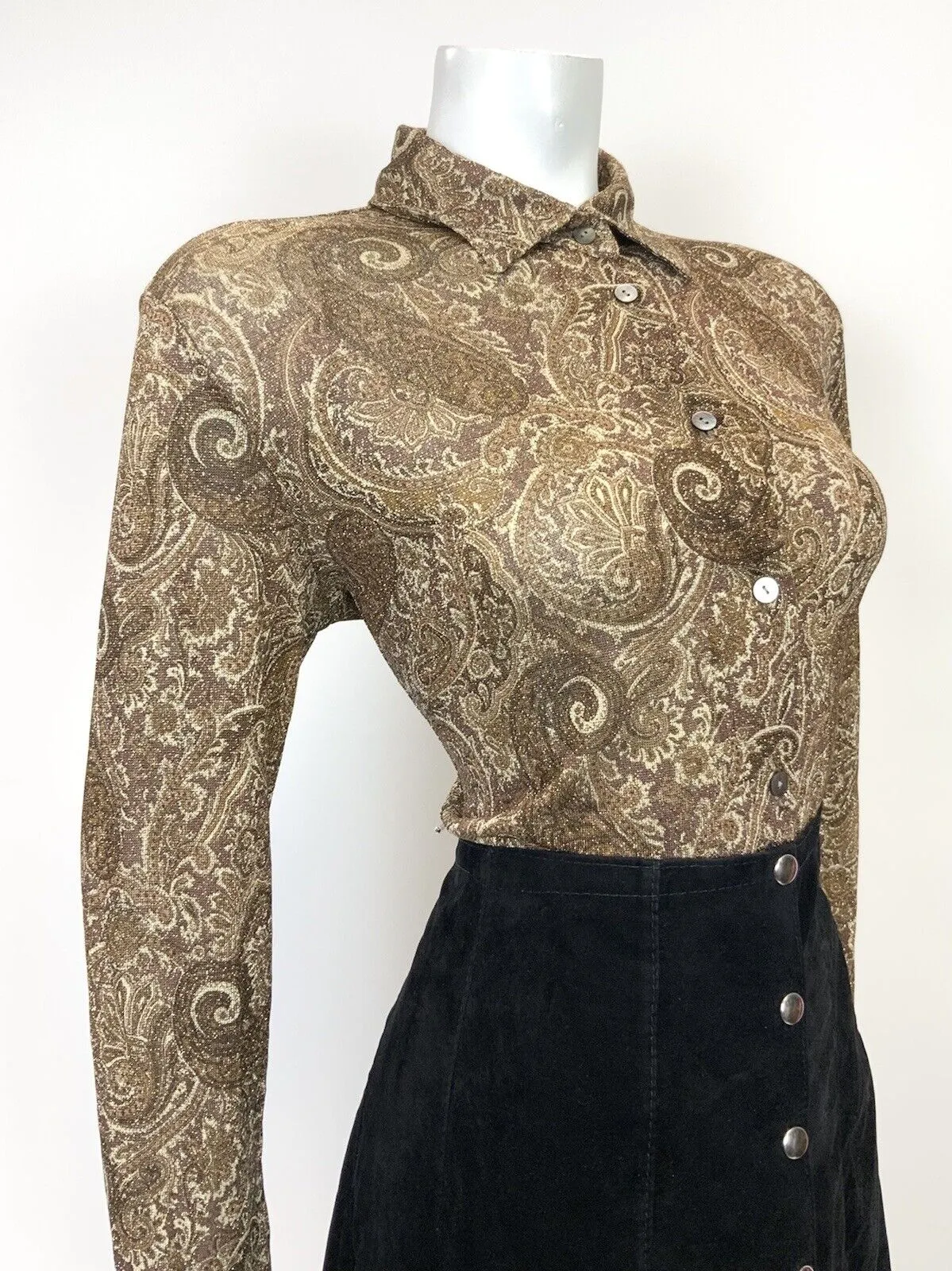 VTG 60s 70s BROWN CREAM GOLD LUREX PSYCHEDELIC FLORAL PAISLEY SHIRT BLOUSE 14 16