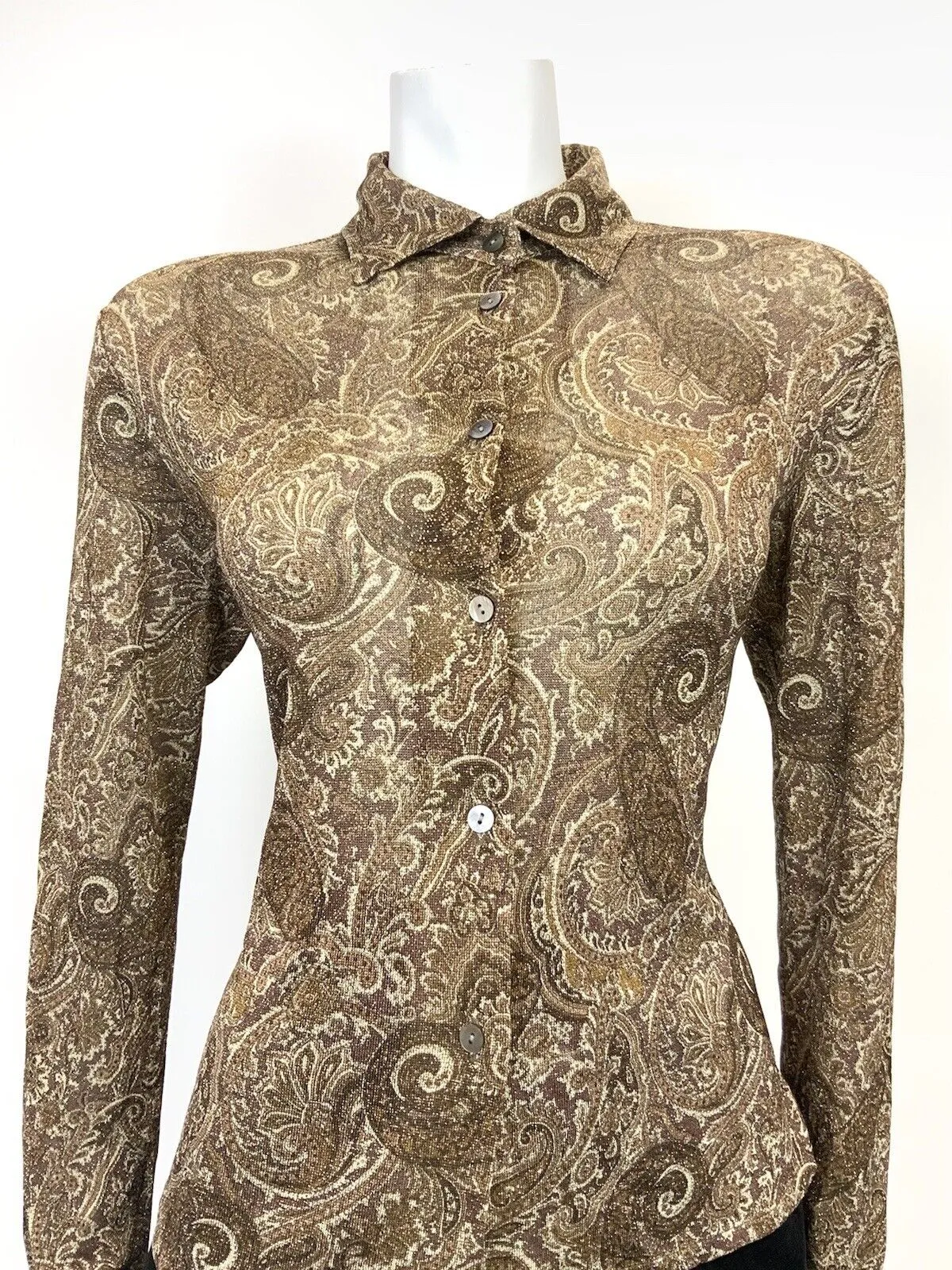 VTG 60s 70s BROWN CREAM GOLD LUREX PSYCHEDELIC FLORAL PAISLEY SHIRT BLOUSE 14 16