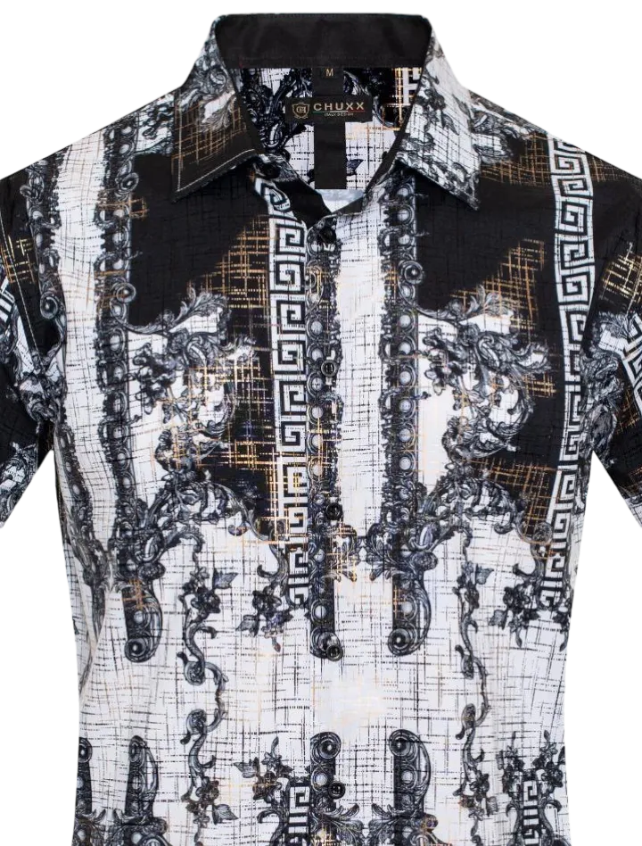 White Men's Multi Color Summer Short Sleeve Shirt Greek Key Button Down Style No: FLS-2588