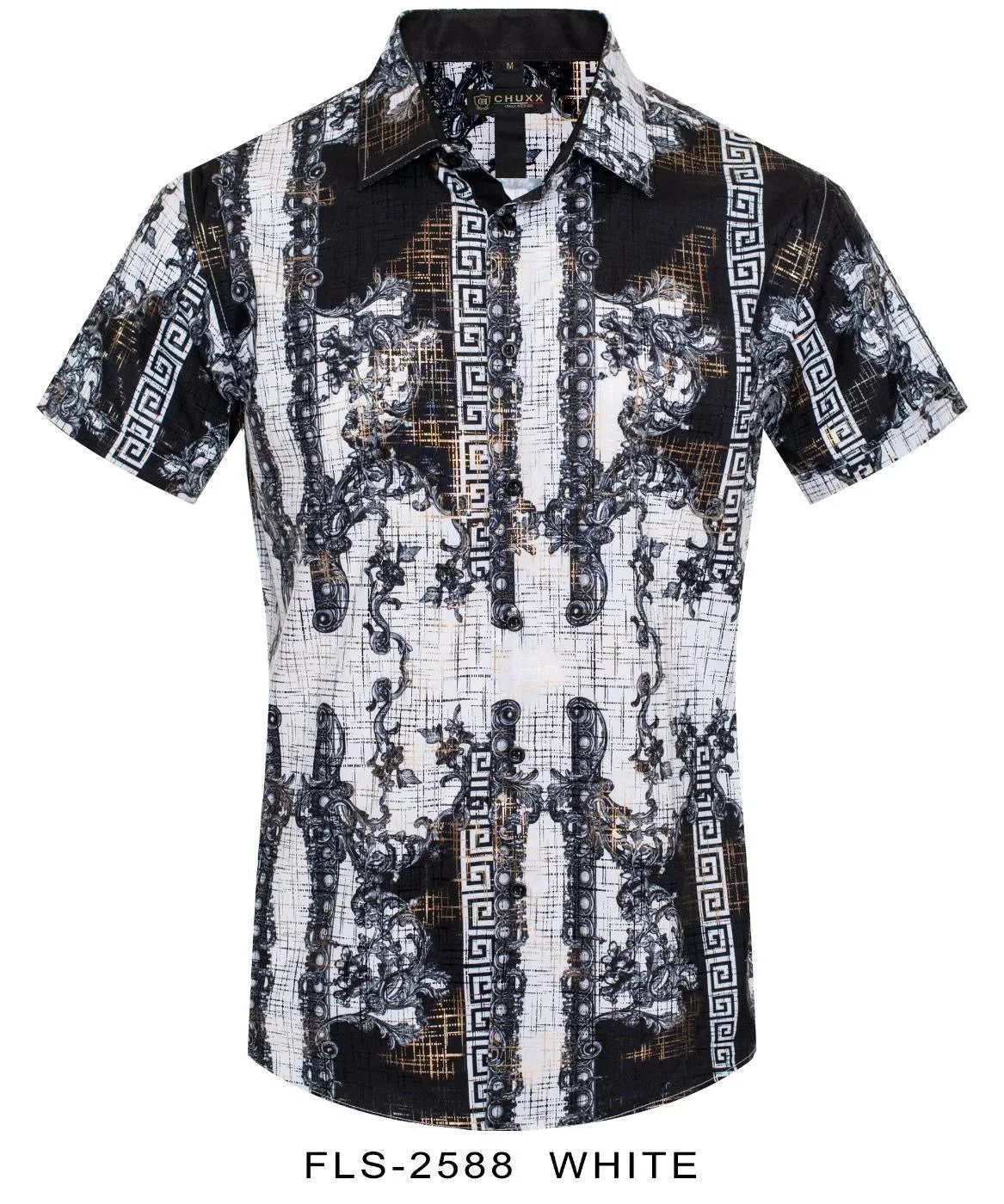 White Men's Multi Color Summer Short Sleeve Shirt Greek Key Button Down Style No: FLS-2588