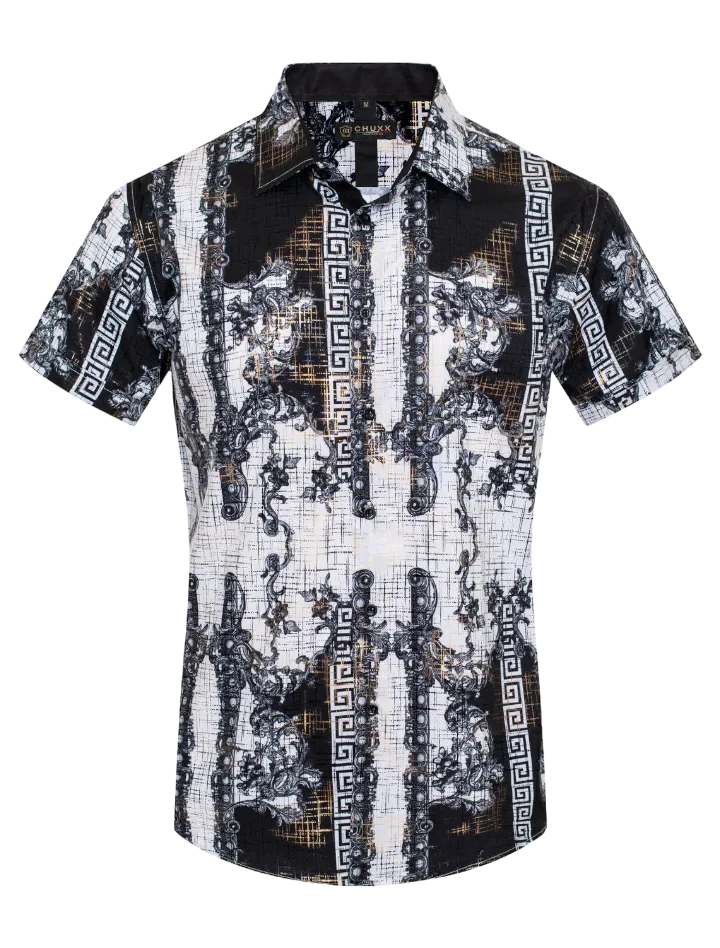 White Men's Multi Color Summer Short Sleeve Shirt Greek Key Button Down Style No: FLS-2588