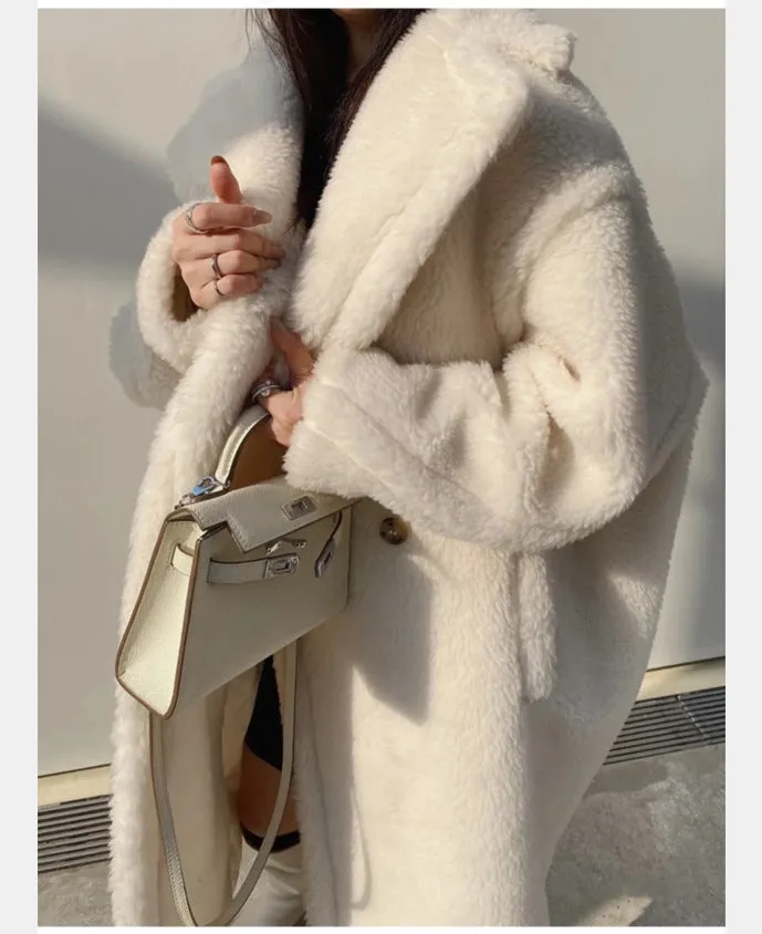 Wjczt cold weather outfitsTeddy Bear Coat Winter Alpaca Mid-Length Lamb Wool Coat for Women