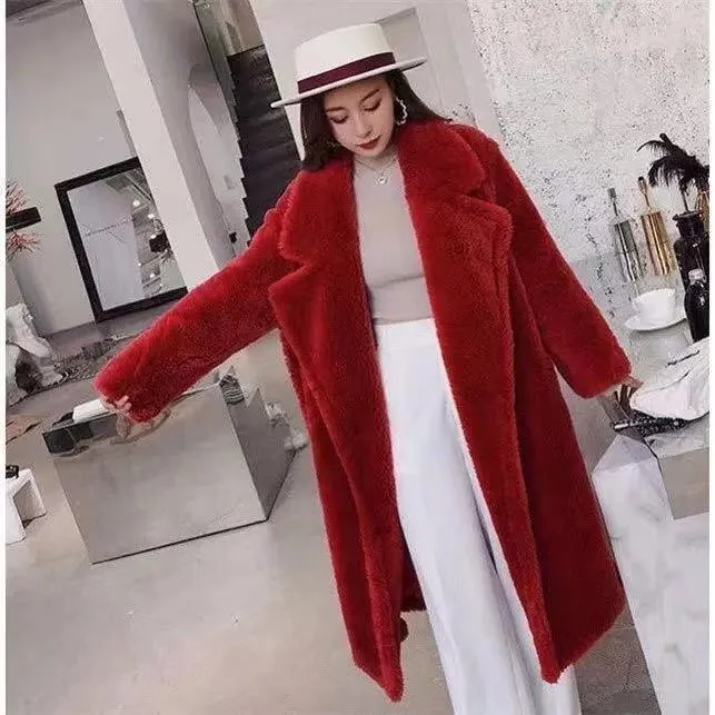 Women's Fur And Lamb Woolen Long Coat