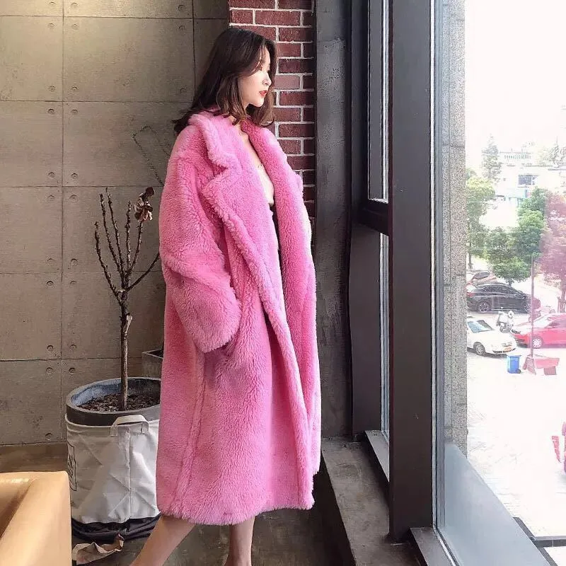 Women's Fur And Lamb Woolen Long Coat