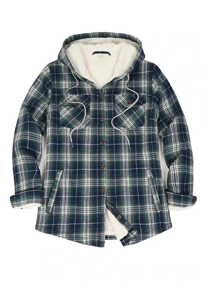 Women's Sherpa Lined Flannel Jacket with Hood, Button Up Plaid