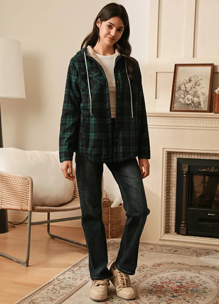 Women's Sherpa Lined Flannel Jacket with Hood, Button Up Plaid