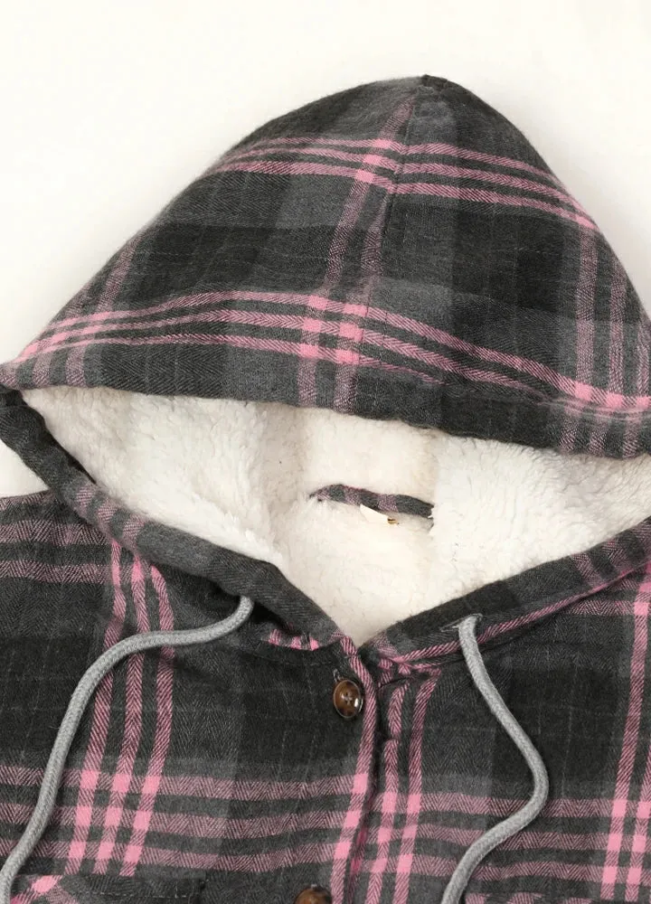 Women's Sherpa Lined Flannel Jacket with Hood, Button Up Plaid