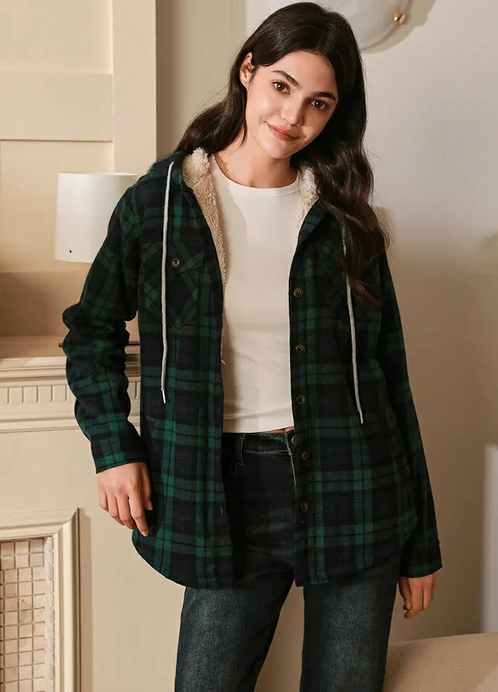 Women's Sherpa Lined Flannel Jacket with Hood, Button Up Plaid