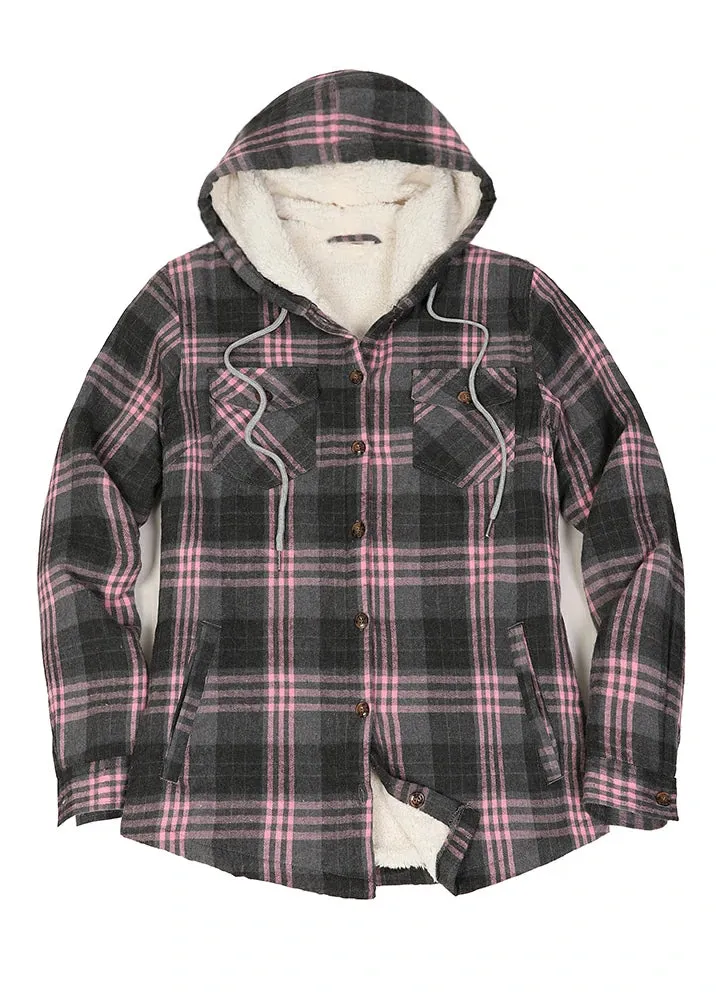 Women's Sherpa Lined Flannel Jacket with Hood, Button Up Plaid