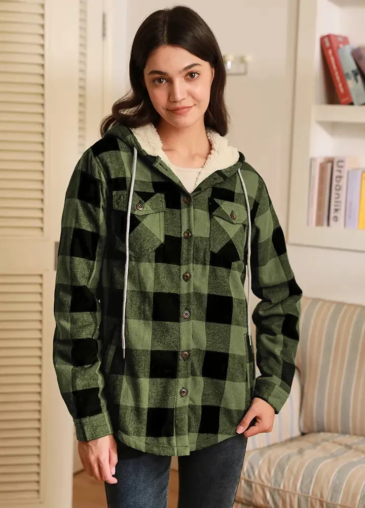 Women's Sherpa Lined Flannel Jacket with Hood, Button Up Plaid