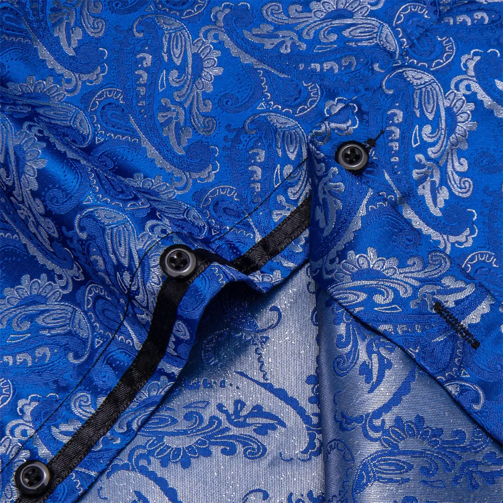 YourTies Royal Blue Shirt for Men Floral Silk Long Sleeve Button Down Shirt