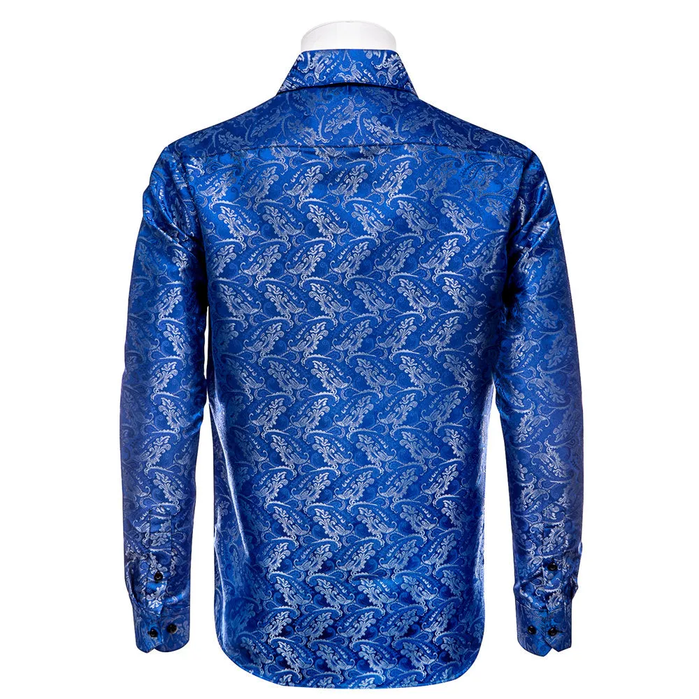 YourTies Royal Blue Shirt for Men Floral Silk Long Sleeve Button Down Shirt