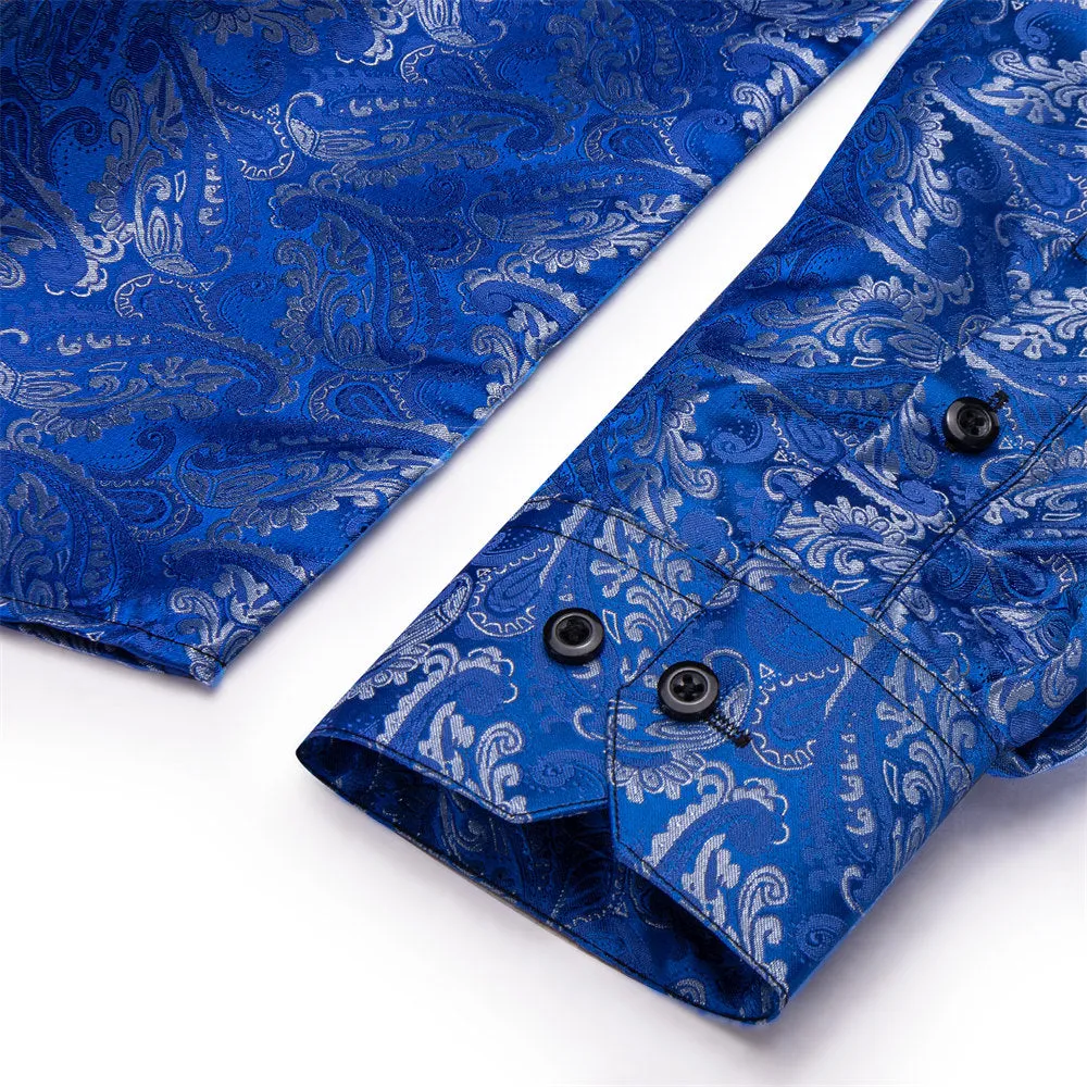 YourTies Royal Blue Shirt for Men Floral Silk Long Sleeve Button Down Shirt